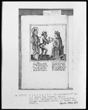 Jacob von Teramo, Belial und Johannes von Mandeville, Reise nach Jerusalem — Jacob von Teramo, Belial — Salomon verkündet Moses und Belial das Urteil, Folio 57verso