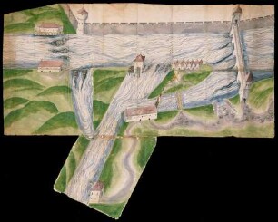 Großer, aquarellierter Plan des Neckars zu Heilbronn