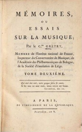 Mémoires, Ou Essais Sur La Musique. 2