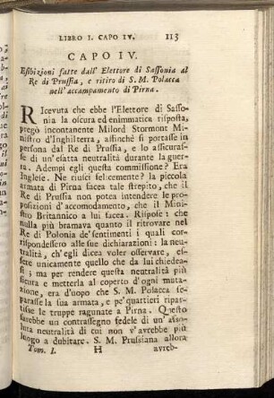 Capo IV. Esibizioni fatte dall Elettore di Sassonia al Re di Prussia, e ritiro di S. M. Polacca nell accampamento di Pirna.