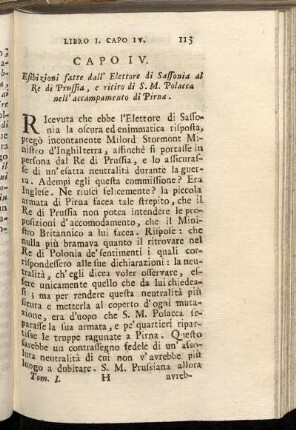 Capo IV. Esibizioni fatte dall Elettore di Sassonia al Re di Prussia, e ritiro di S. M. Polacca nell accampamento di Pirna.