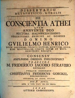 Diss. metaphys. mor. de conscientia athei