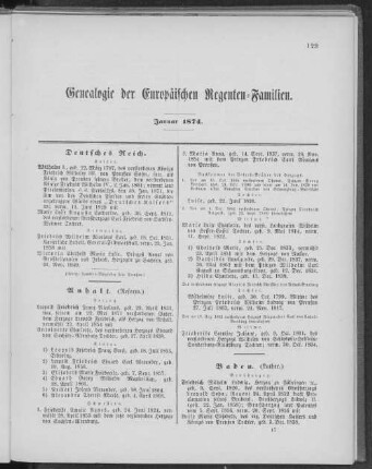 Genealogie der Europäischen Regenten-Familien. Januar 1874.