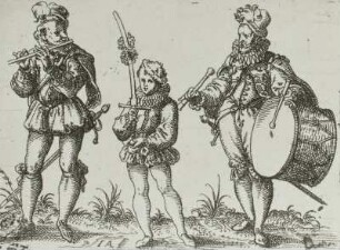 Pfeifer, Page und Trommler : Amman, Jost: Pfeifer, Page und Trommler. Aus der Serie "Die Fechtenden". Kupferstich; 6 x 8,5 cm. Dresden: Kupferstich-Kabinett A 4346 in 138 a, A. 111