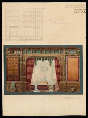 Herrenzimmerdekoration Monatskonkurrenz April 1878: Aufriss einer Wand, Deckenuntersicht/Balkenlage
