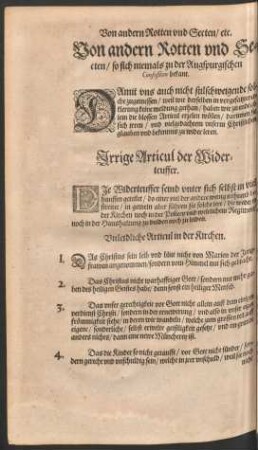 Von andern Rotten und Secten/ so sich niemals zu der Augspurgischen Confeßion bekant.