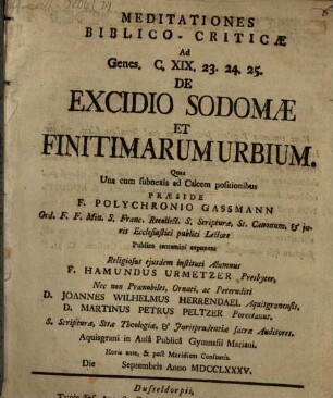 Meditationis bibl. crit. ad Genes. c. XIX. 23. 24. 25. de excidio Sodomae et finitimarum urbium