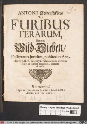 Antonii Seidenstikkers De Furibus Ferarum