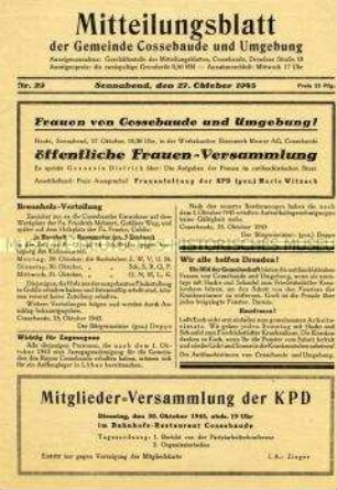 Kommunales Mitteilungsblatt u.a. mit Aufrufen zu Versammlungen der KPD und der Frauen des Ortes sowie privaten und gewerblichen Anzeigen