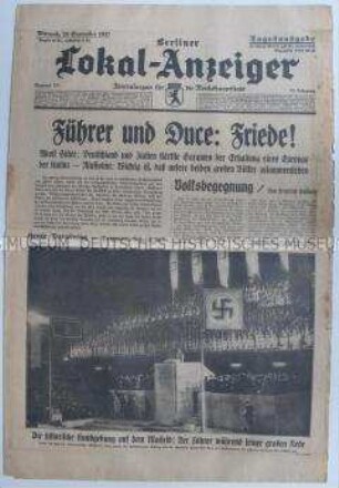Tageszeitung "Berliner Lokal-Anzeiger" zum Staatsbesuch von Mussolini in Deutschland