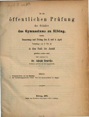 Zu der öffentlichen Prüfung und Schlußfeier in dem Saale der Anstalt ... ladet ergebenst ein. 1872/73