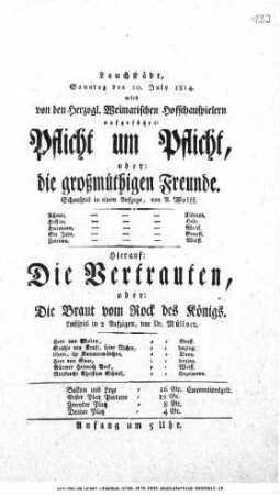 Pflicht um Pflicht, oder: die großmüthigen Freunde