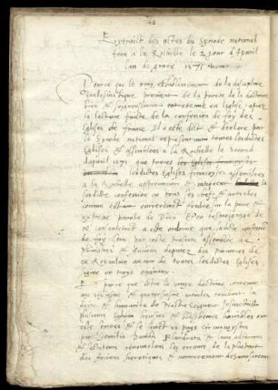 Extraict des actes du Synode national tenu à La Rochelle le 2 jour d'Apvril l'an de grace 1571