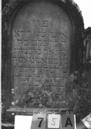 Grabstein 75 (Index: 99799559) Material: Sandstein Zustand: verwittert, falsche Stele aufgesetzt Beschreibung: Sockel, auf den eine falsche Stele gesetzt ist Besonderheit: Sockel, auf den eine falsche Stele gesetzt ist: Grabstein 75A