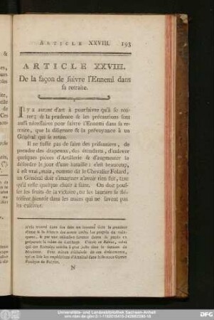 Article XXVIII. De la façon de suivre l'Ennemi dans sa retraite.