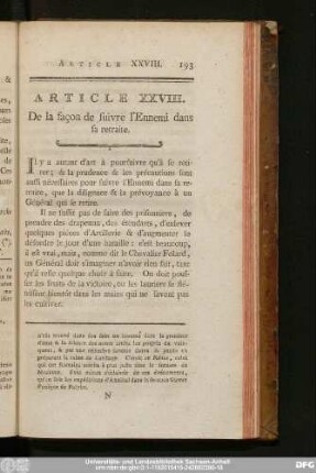 Article XXVIII. De la façon de suivre l'Ennemi dans sa retraite.