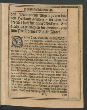 Diesen Text/ [...] / haben wir deßwegen zur Leichpredigt unsers alten Herrn Tobiae genommen. [...]