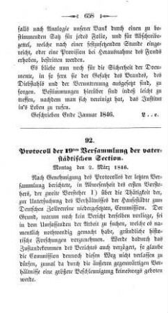 92. Protocoll der 19ten Versammlung der vaterstädtischen Section. : Montag den 2. März 1846.