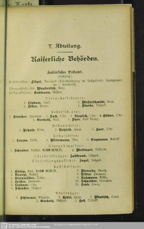 V. Abteilung. Behördenverzeichnis : V. Abteilung. Kaiserliche Behörden