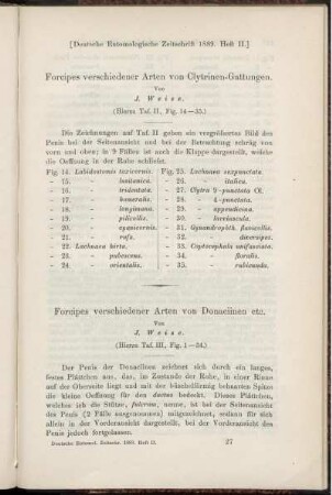 Forcipes verschiedener Arten von Clytrinen-Gattungen