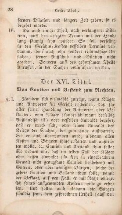 Der XVI. Titul. Von Caution und Bestand zum Rechten.