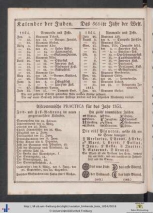 Kalender der Juden. Das 5614te Jahr der Welt.