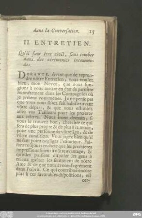 II. Entretien. Qu'il faut étre civil, sans tomber dans des cérémonies incommodes.
