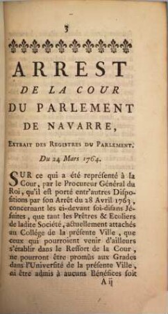 Arrest De La Cour Du Parlement De Navarre, Du 24 Mars 1764