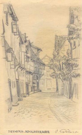 Adolfstraße. Bleistiftzeichnung von Otto Pölert, Bad Salzuflen. Übergeben von Dr. Stefan Wiesekopsieker, Schötmar, März 2010