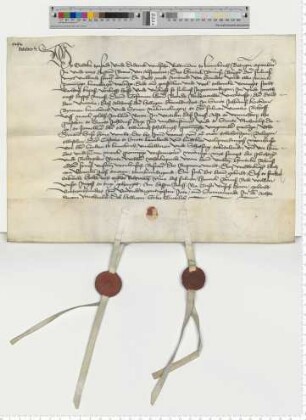 Hausrentebrief. "...twischen dere Costorie to Sunte Lamberde...vor dere Sulten", besiegelt durch die Ratsmannen Godtke Tzerstede und Did. Wulsche.