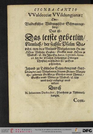 Johannis Dörbedeus: Wildunger Schwanengesang [Cygnea Cantio ... Waldeckischer Wildungischer Schwanengesang]