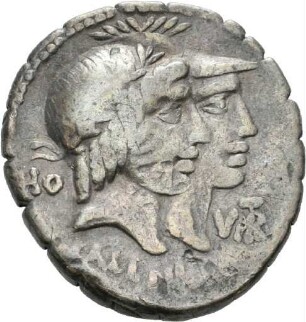 Denar serratus des Q. Fufius Calenus und des P. Mucius Scaevola Cordus mit Darstellung der Italia und der Roma