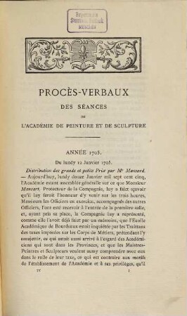 Procès-verbaux de l'Académie Royale de Peinture et de Sculpture, 4. 1705/25 (1881)