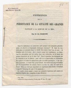 Expériences sur la Persistance de la Vitalité des Graines flottant a la surface de la Mer