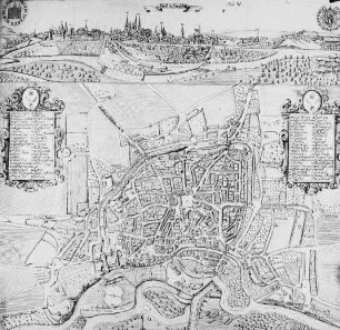 Halle (Saale), Stadtplan, aus Dreyhaupt, Johann Christoph von, Pagus Neletici et Nudzici, ...Halle 1749/50; Radierer: Johann Wisthof; Plan von Ratsmeister Johann Kost und Bibliothekar Nikolaus Keyser