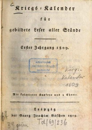 Kriegs-Kalender für gebildete Leser aller Stände. 1. 1809