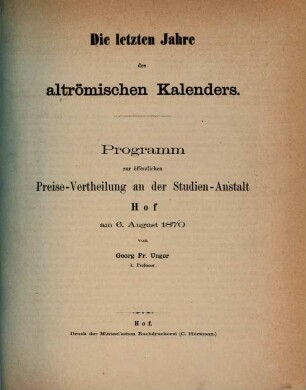 Programm zur öffentlichen Preise-Vertheilung an der Studienanstalt Hof, 1870