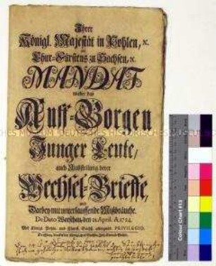 Mandat von Friedrich August I. Kurfürst von Sachsen gegen die Verschuldung junger Adliger