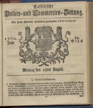 34. Stueck, Montag den 18ten August 1760