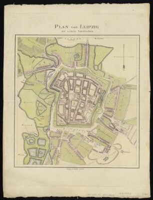 Plan von Leipzig, 1:5 000, Kupferstich, 1814 : Plan von Leipzig mit seinen Vorstädten. - ca. 1:5 000 - Leipzig : Industrie Compt. , [ca. 1814]. - 1 Kt. : Kupferst. ; 32 x 35 cm