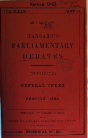 Hansard's parliamentary debates. General index to session. 1865