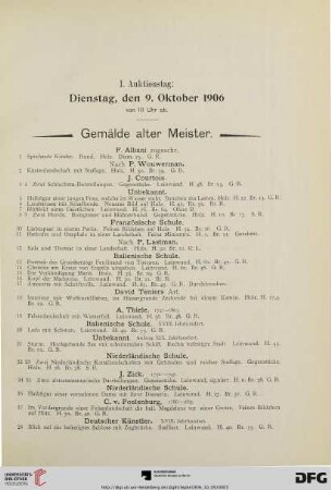 I. Auktionstag: Dienstag, den 9. Oktober 1906: Gemälde alter Meister (Nr. 1-211)