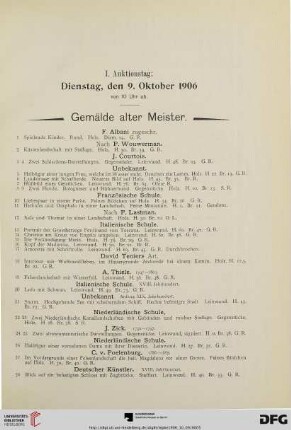 I. Auktionstag: Dienstag, den 9. Oktober 1906: Gemälde alter Meister (Nr. 1-211)