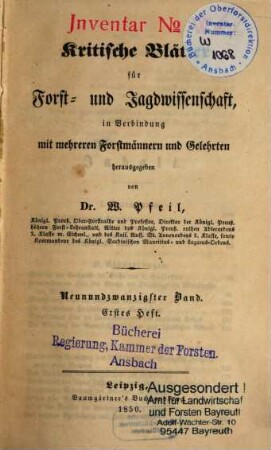 Kritische Blätter für Forst- und Jagdwissenschaft. 29. 1850/51