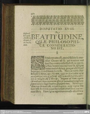 Disputatio XVIII. De Beatitudine, Quae Philosophicae Considerationis Est