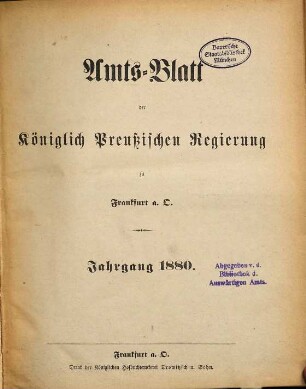 Amtsblatt der Regierung zu Frankfurt a.d. Oder. 1880