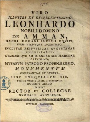 Viro Illvstri Et Excellentissimo Leonhardo Nobili Domino De Amman ... Monvmentvm Observantiae Et Lvctvs