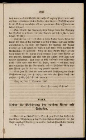 VIII. Ueber die Behütung des rothen Klees mit Schafen