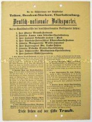 Wahlflugblatt der DNVP mit Kurzbiografien ihrer Kandidaten