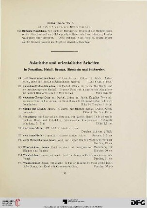 Asiatische und orientalische Arbeiten in Porzellan, Metall, Bronze, Elfenbein und Stickereien (Nr. 161-231)